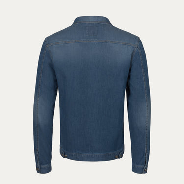 Back view of Richard J. Brown denim jacket in cotton-blend fabric, showcasing clean stitching and classic slim-fit design.