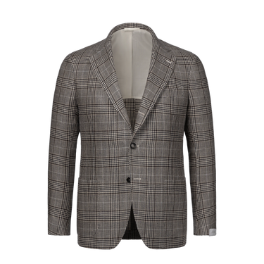 Single-Breasted Linen Glencheck Jacket in Cream, Brown and Dark Blue