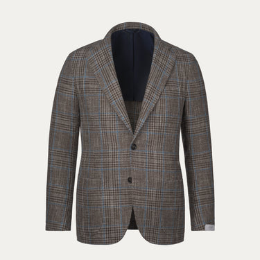 Chaqueta cruzada a cuadros de lana y lino en marrón y azul claro