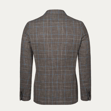 Chaqueta cruzada a cuadros de lana y lino en marrón y azul claro