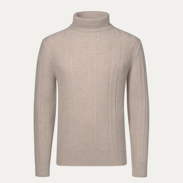 Cable Knit Wool and Cashmere Turtleneck in Light Beige