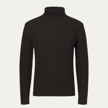 Cable Knit Wool and Cashmere Turtleneck in Dark Brown