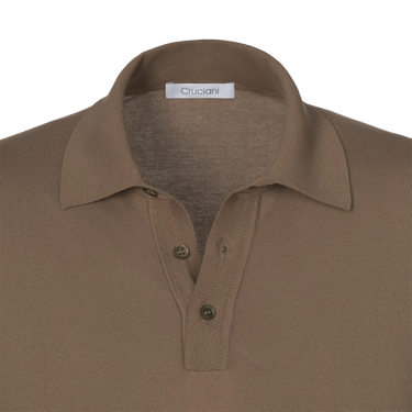 Close-up of Cruciani Cotton Polo Shirt collar and button placket in Brown, highlighting premium craftsmanship and soft cotton texture.