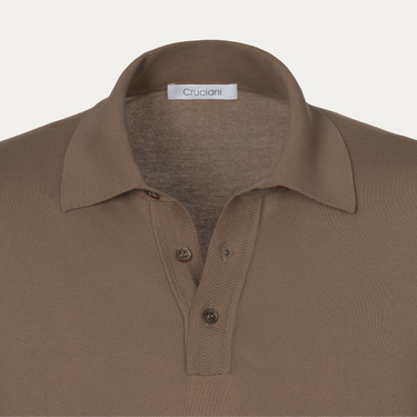 Close-up of Cruciani Cotton Polo Shirt collar and button placket in Brown, highlighting premium craftsmanship and soft cotton texture.