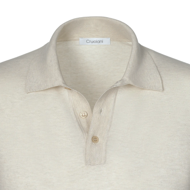 Close-up of Cruciani Cotton Polo Shirt in Cream featuring a soft collar and button placket, highlighting luxury craftsmanship.