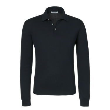 Cruciani cotton-silk long sleeve polo shirt in dark blue with a classic collar and button placket, ideal for spring/summer 25 fashion.
