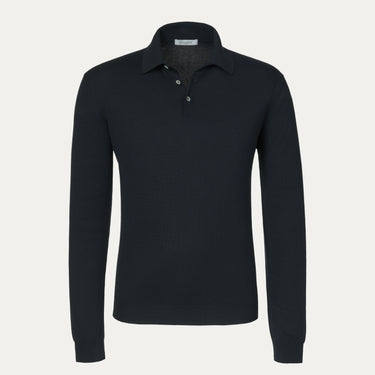 Cruciani cotton-silk long sleeve polo shirt in dark blue with a classic collar and button placket, ideal for spring/summer 25 fashion.