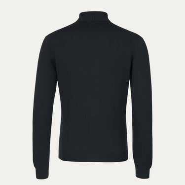 Back view of Cruciani dark blue cotton-silk long sleeve polo shirt showcasing its slim fit and fine knit texture for refined casual wear.