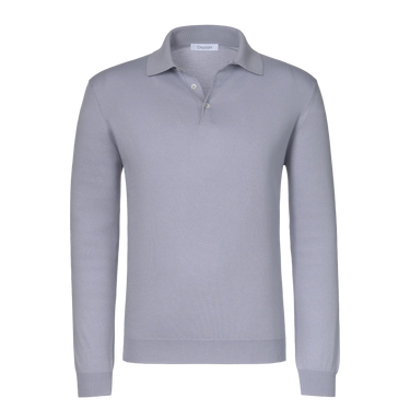 Cruciani Cotton-Silk Long Sleeve Polo Shirt in Cloudy Blue with classic collar and ribbed cuffs, ideal for spring/summer menswear collections.