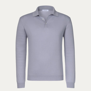 Cruciani Cotton-Silk Long Sleeve Polo Shirt in Cloudy Blue with classic collar and ribbed cuffs, ideal for spring/summer menswear collections.