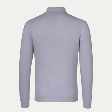 Back view of Cruciani Cotton-Silk Long Sleeve Polo Shirt in Cloudy Blue, showcasing smooth fabric and tailored fit for refined casual style.