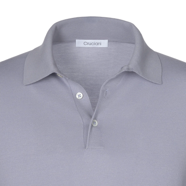 Close-up of Cruciani Cotton-Silk Polo Shirt collar and button placket in Cloudy Blue, highlighting premium craftsmanship and soft knit texture.