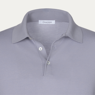 Close-up of Cruciani Cotton-Silk Polo Shirt collar and button placket in Cloudy Blue, highlighting premium craftsmanship and soft knit texture.