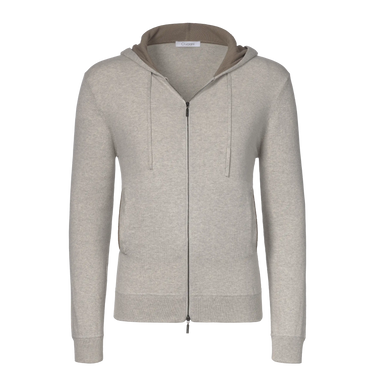 Cruciani Cotton Hooded Zip-Up in Light Grey with full front zip closure and drawstring hood, ideal for spring/summer layering.