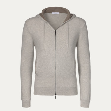 Cruciani Cotton Hooded Zip-Up in Light Grey with full front zip closure and drawstring hood, ideal for spring/summer layering.