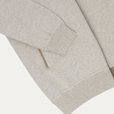 Detail of sleeve and pocket on Cruciani Cotton Hooded Zip-Up in Light Grey, emphasizing ribbed cuff and subtle contrast trim.