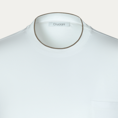 Close-up of Cruciani Cotton T-Shirt in White highlighting fine neckline stitching and subtle branding, part of SARTALE's SS25 collection.