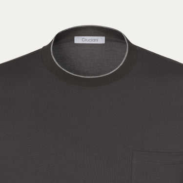 Close-up of Cruciani Cotton T-Shirt neckline in Dark Brown, highlighting fine stitching and premium fabric from SARTALE SS25.