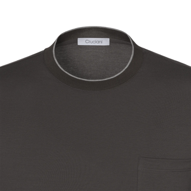 Close-up of Cruciani Cotton T-Shirt neckline in Dark Brown, highlighting fine stitching and premium fabric from SARTALE SS25.