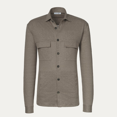 Cruciani Linen Shirt in Taupe with front button closure, chest flap pockets, and long sleeves, ideal for SS25 menswear collections.