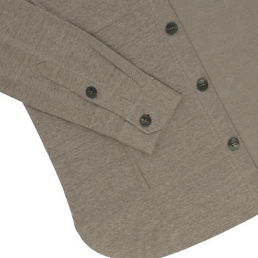 Detailed view of Cruciani Linen Shirt in Taupe sleeve and cuff buttons, emphasizing premium craftsmanship for SS25 fashion.