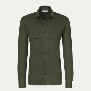Cruciani Linen Shirt in Dark Green with button-down front and chest pockets, ideal for Spring/Summer 25 menswear collections.