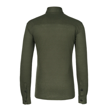 Back view of Cruciani Linen Shirt in Dark Green showcasing lightweight fabric and tailored fit for seasonal comfort and style.