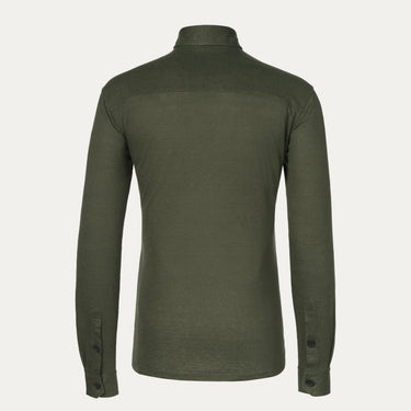 Back view of Cruciani Linen Shirt in Dark Green showcasing lightweight fabric and tailored fit for seasonal comfort and style.