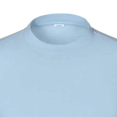Close-up of Malo Cotton Jersey T-Shirt neckline in Light Blue, highlighting fine stitching and soft cotton jersey texture.