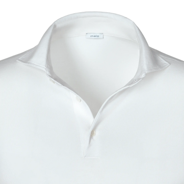 Close-up of Malo Cotton Jersey Polo Shirt in White highlighting the soft collar, button placket, and fine jersey texture for SS25.