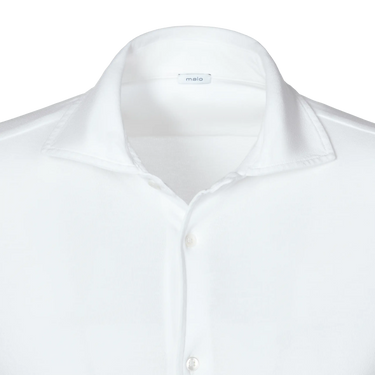 Close-up of Malo Jersey Cotton Shirt collar in White, highlighting soft jersey texture and minimalist design for SS25 fashion.