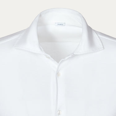 Close-up of Malo Jersey Cotton Shirt collar in White, highlighting soft jersey texture and minimalist design for SS25 fashion.