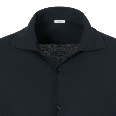 Close-up of collar and neckline on Malo Jersey Cotton Shirt in Midnight Blue, highlighting soft jersey cotton and minimalist design.