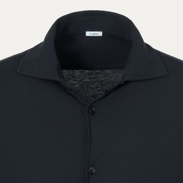 Close-up of collar and neckline on Malo Jersey Cotton Shirt in Midnight Blue, highlighting soft jersey cotton and minimalist design.