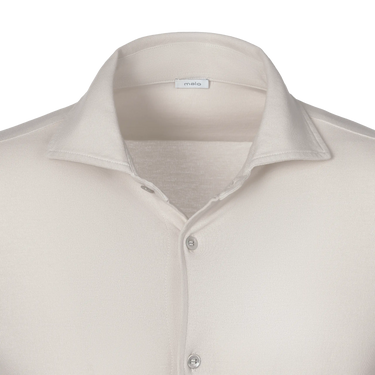 Close-up of collar and top buttons on Malo Jersey Cotton Shirt in Beige, highlighting soft jersey cotton texture and minimalist design.