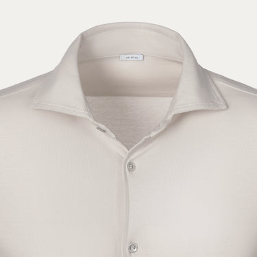 Close-up of collar and top buttons on Malo Jersey Cotton Shirt in Beige, highlighting soft jersey cotton texture and minimalist design.