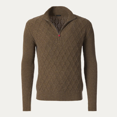 Kiton Cashmere High-Neck Sweater with Half-Zip in Olive Green - SARTALE
