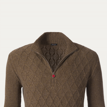 Kiton Cashmere High-Neck Sweater with Half-Zip in Olive Green - SARTALE
