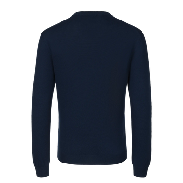 Back view of Malo royal blue crew-neck wool pullover showcasing fine knit texture and tailored fit, available at SARTALE.