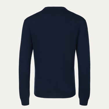 Back view of Malo royal blue crew-neck wool pullover showcasing fine knit texture and tailored fit, available at SARTALE.