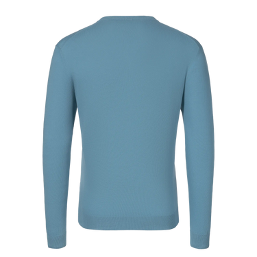 Back view of Malo light blue cotton pullover, showcasing minimalist design and fine knit texture from SARTALE's SS25 collection.