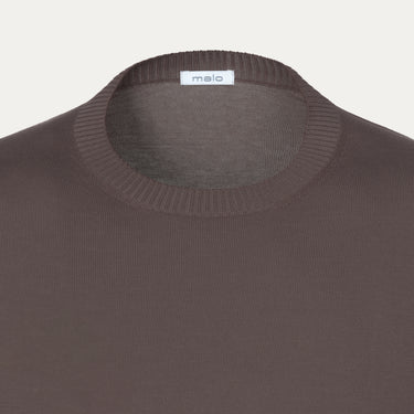 Close-up of Malo Cotton Crew-Neck T-Shirt in Brown highlighting the ribbed neckline and premium cotton fabric quality.