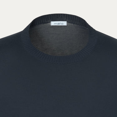 Close-up of Malo Cotton Crew-Neck T-Shirt neckline in Midnight Blue, highlighting fine ribbed collar and luxury craftsmanship.