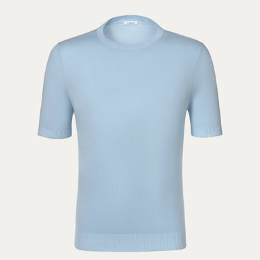 Malo Cotton Crew-Neck T-Shirt in Light Blue with short sleeves and ribbed hems, ideal for SS25 casual summer wear. Premium lightweight fabric.