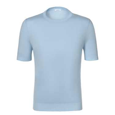 Malo Cotton Crew-Neck T-Shirt in Light Blue with short sleeves and ribbed hems, ideal for SS25 casual summer wear. Premium lightweight fabric.
