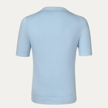 Back view of Malo Cotton Crew-Neck T-Shirt in Light Blue, showcasing minimalist design and fine knit texture for spring/summer 2025 fashion.