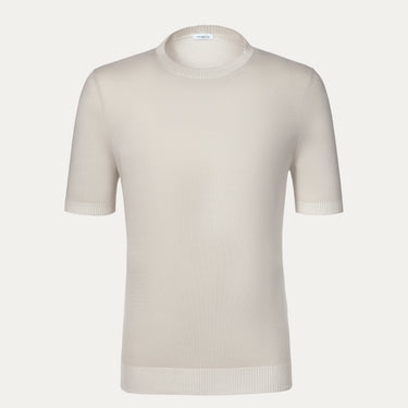 Malo Cotton Crew-Neck T-Shirt in Beige with short sleeves and ribbed trims, ideal for SS25 casual wear. Premium lightweight fabric for summer comfort.