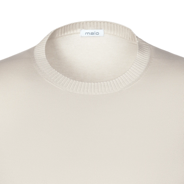 Close-up of Malo Cotton Crew-Neck T-Shirt in Beige, highlighting ribbed neckline and soft cotton texture for refined seasonal style in SS25.