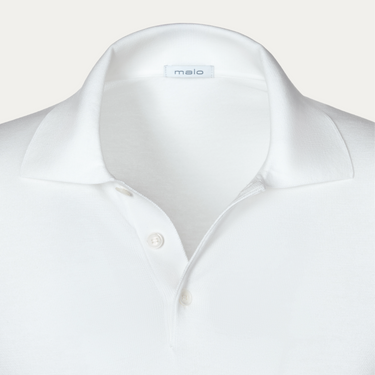 Close-up of Malo Cotton Polo Shirt in White highlighting the soft collar, button placket, and fine cotton texture from SARTALE's SS25 line.