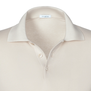 Close-up of Malo Cotton Polo Shirt in Beige highlighting the soft collar, button placket, and fine knit fabric for a luxurious finish.